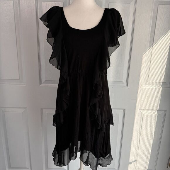 H&M-Black Med Ruffle Sharkbite Hem Viscose Midi dress with short flutter - Picture 1 of 10